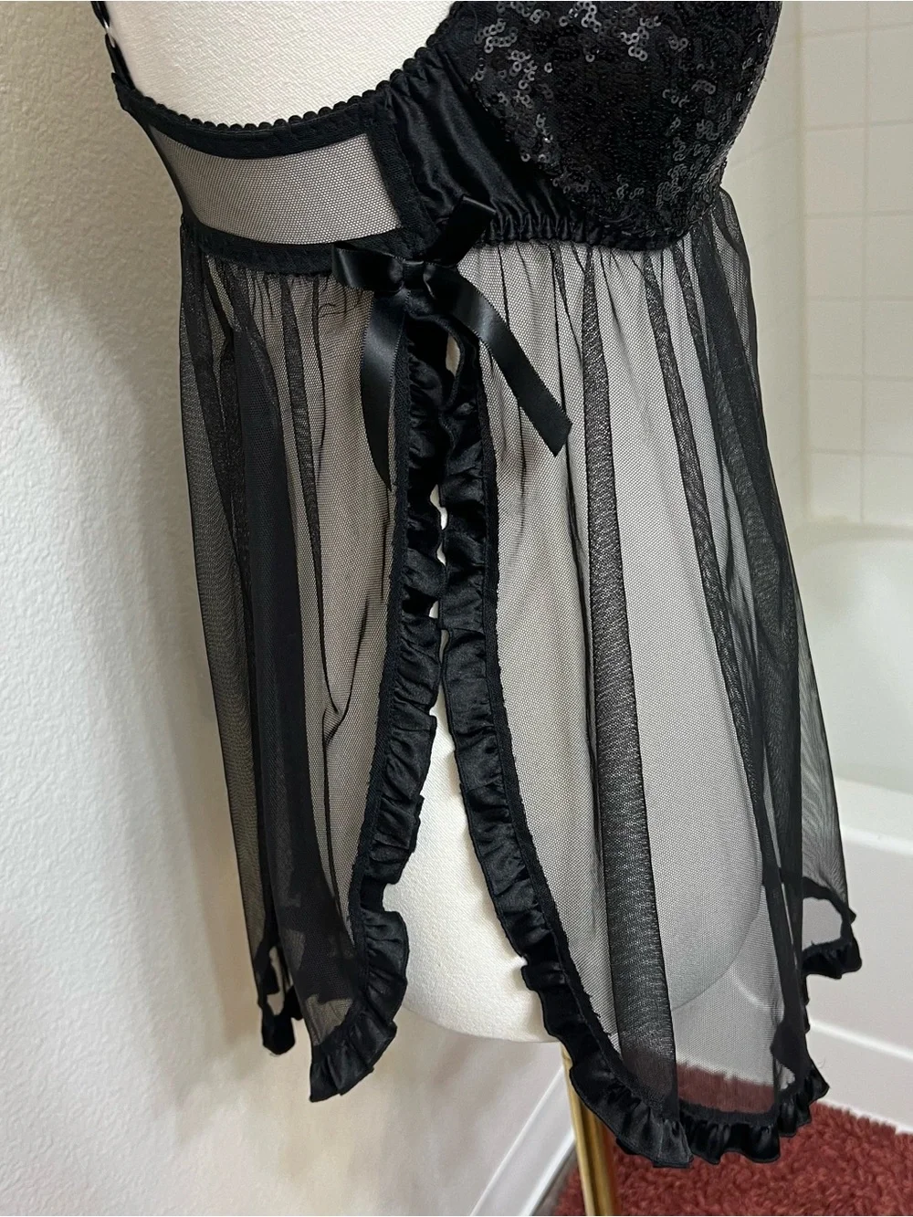 Victoria’s Secret sexy little things black sequins sheer babydoll lingerie slip